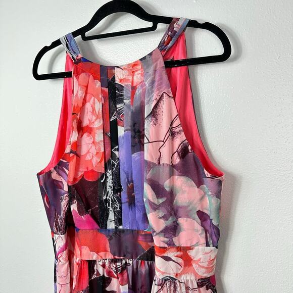 Eliza J Dress Maxi Halter Floral Chiffon Sleeveless High Waist Pink Purple 16 - Picture 4 of 7